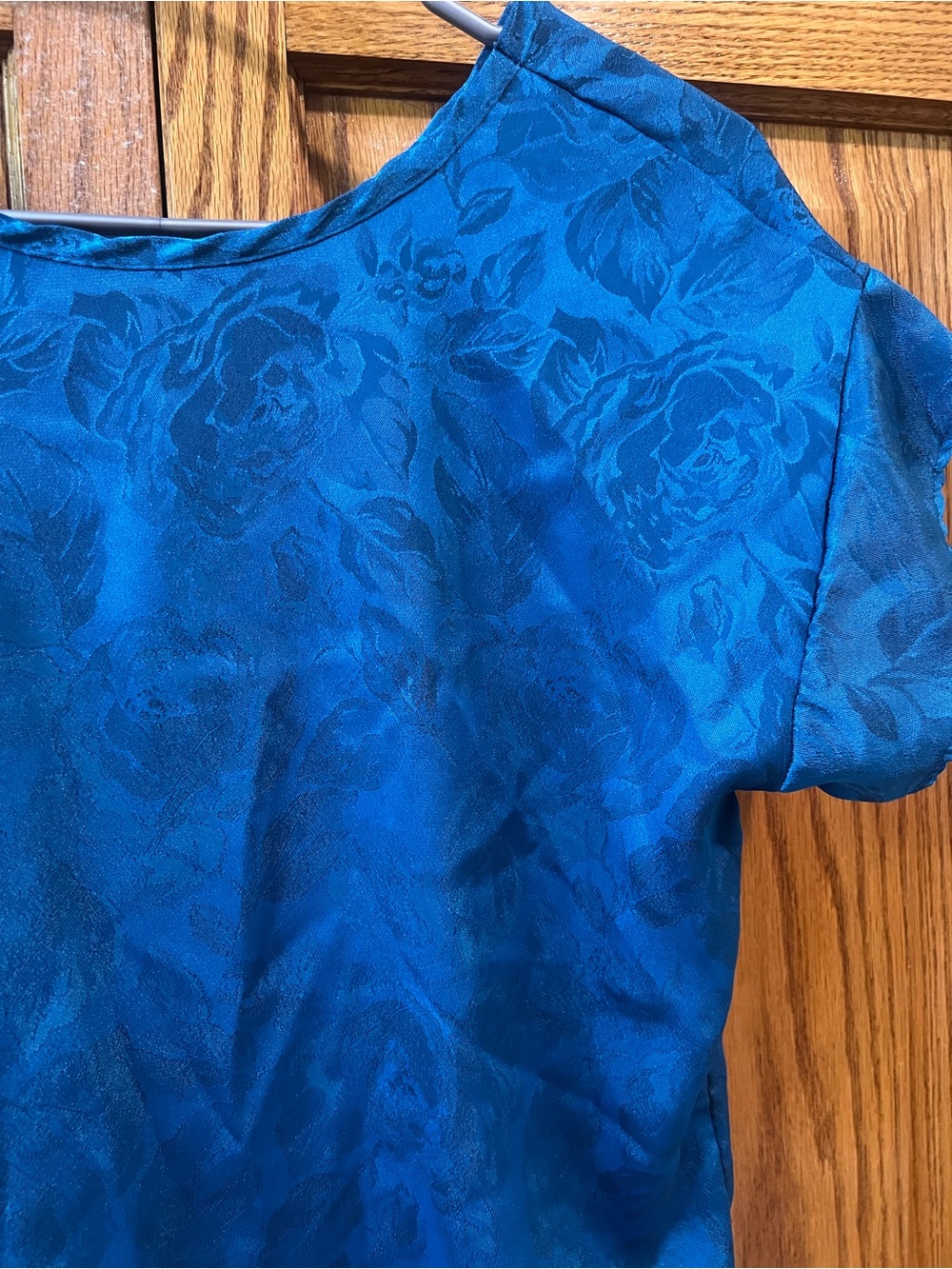 Vintage Lawrence Steven’s New York Blue Short-Sleeve Floral Jacquard Blouse - Picture 2 of 6